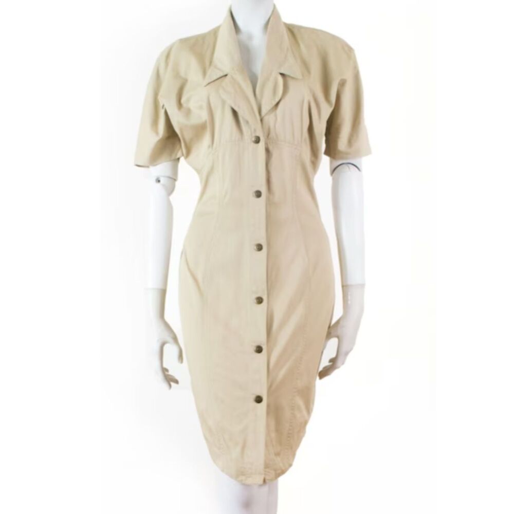 POSITIVE Attitude Khaki Midi Dress Lace Stitching Short Sleeve and Collar Size L